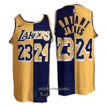 Maillot Los Angeles Lakers Kobe Bryant LeBron James No 24 23 Split Jaune Volet